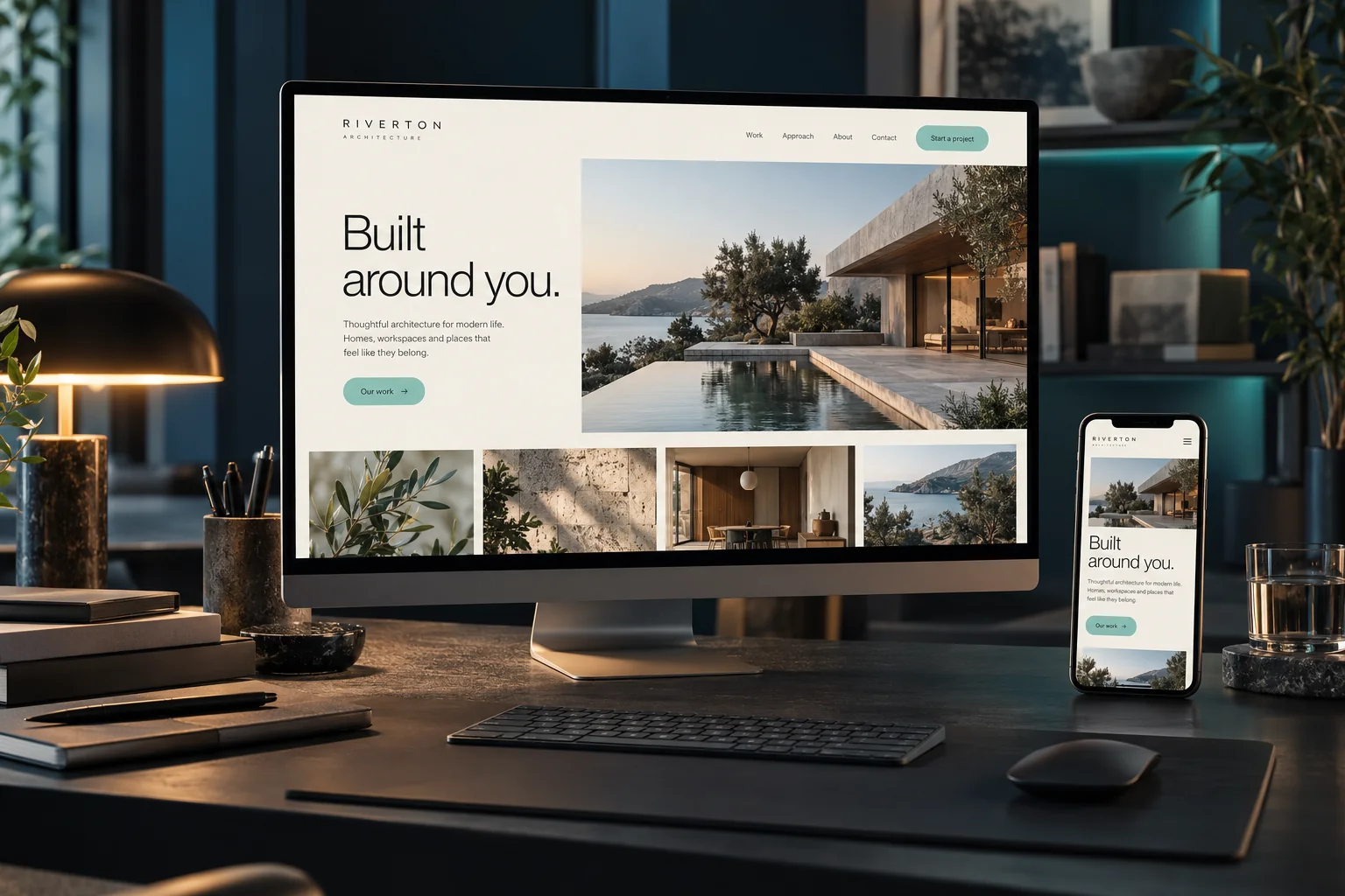 Custom business website concept displayed on a desktop monitor and smartphone in a modern design studio
